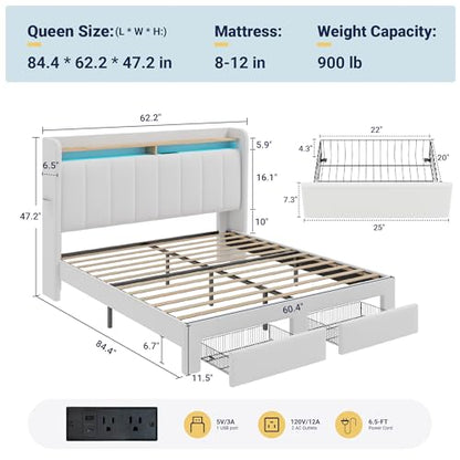 Queen Bed Frame with 2-Tier Storage Headboard & 2 Large Drawers, view 3