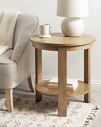 Foxford Tiered Round Side Table; 22 x 22 x 24; Natural Brown; Transitional Two-Tier Circle Nightstand Table with Storage and Resilient Wood Construction for Bedroom Decor