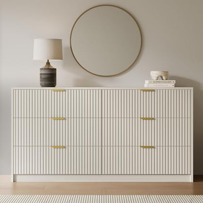 55" Wide Fluted 6-Drawer Double Dresser for Bedroom, Beige, view 8