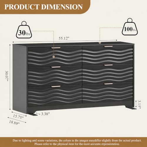 55" Wide Coastline Fluted 6 Drawers Dresser for Bedroom,Black, view 3