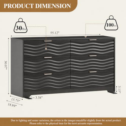 55" Wide Coastline Fluted 6 Drawers Dresser for Bedroom,Black, view 3