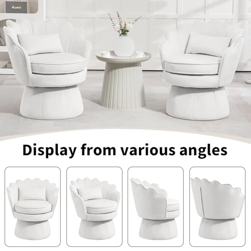 360° Swivel Accent Chair, Mid-Century Modern Velvet Barrel Chair, Comfy Shell Shape Arm Chair with Lumbar Pillow for Living Room, Bedroom, Office, White