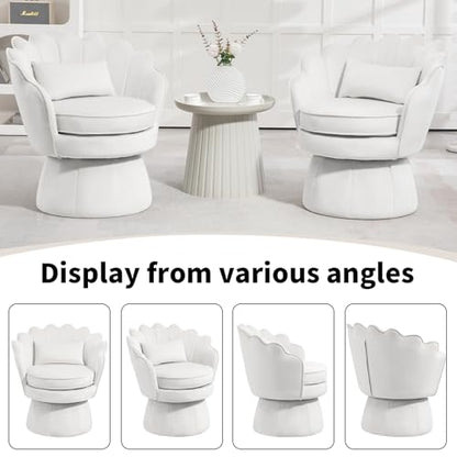 360° Swivel Accent Chair, Mid-Century Modern Velvet Barrel Chair, Comfy Shell Shape Arm Chair with Lumbar Pillow for Living Room, Bedroom, Office, White