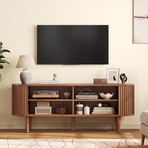59" TV Stand with Power Outlet, Entertainment Center w/ Wood Leg Walnut, view 4
