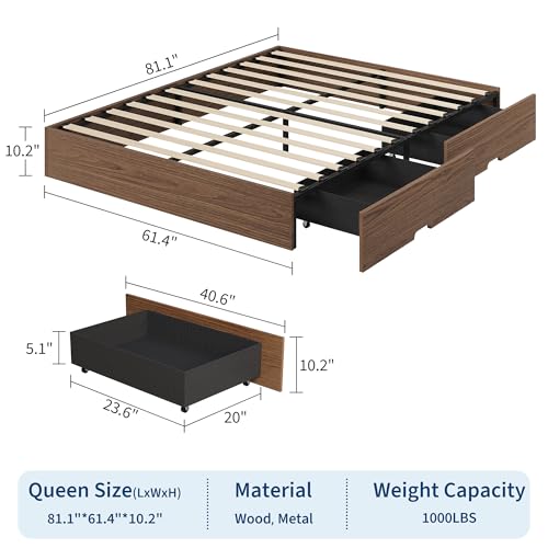 Wood Platform Bed Frame, Queen Bed Frame with 2 Drawers, view 7