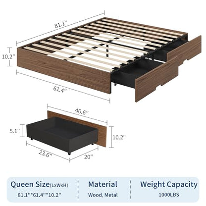 Wood Platform Bed Frame, Queen Bed Frame with 2 Drawers, view 7