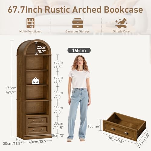 Tall Narrow Bookshelf, Arched Bookshelf with 2 Drawers, 7-Tier, view 3