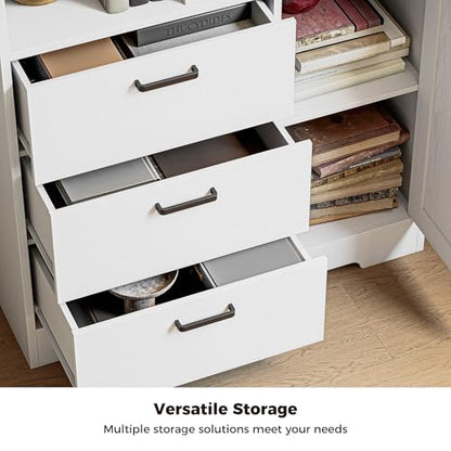 70.9-Inch Bookcase with Doors and 3 Drawers, White, view 5