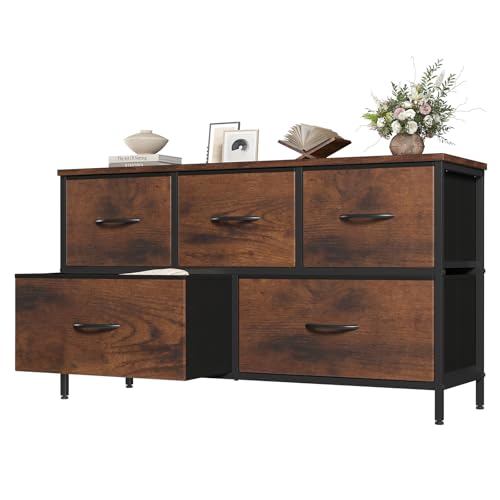 5 Drawer Dresser for Bedroom, Closet Chest Organizer Furniture, TV Stand for Living Room Hallway, Wide Fabric Storage Tower with Wooden Top and Metal Frame, Brown