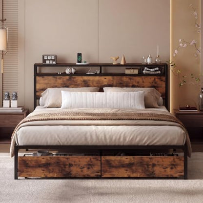 King Size Bed Frame with Headboard, 2 Drawers and Charging Station, view 2