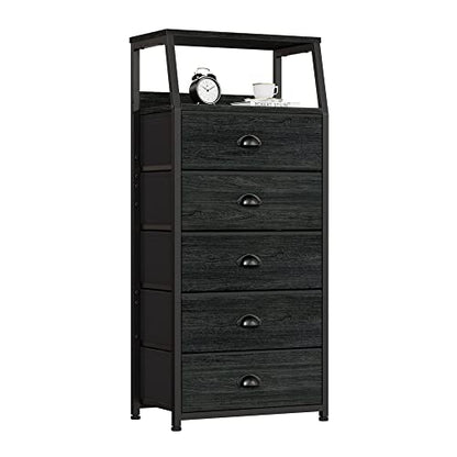 Black Dresser with 5 Drawers, Vertical Storage Tower Fabric Dresser for Bedroom, Hallway, Entryway, Nursery, Closet Organizer, Nightstand Bedside Table Furniture, Sturdy Steel Frame, Wood Top