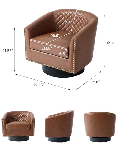 Swivel Barrel Accent Chair Set of 2, Comfy Modern Upholstered Round Faux Leather Arm Chair for Living Room, Bedroom, Brown
