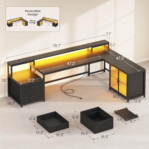 78.7” Large L Shaped Gaming Desk with Drawers, LED Light, view 3