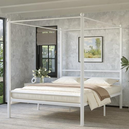 Full Size Canopy Bed, Four Poster Metal Frame, White, view 2