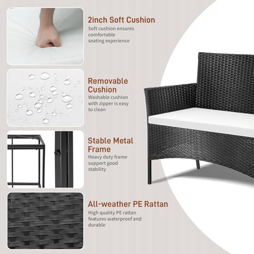 4 Pieces Patio Furniture Set, Rattan Conversation Sets, Black | Loveseat with Soft Cushion, Glass Table for Garden Backyard Balcony Porch Poolside