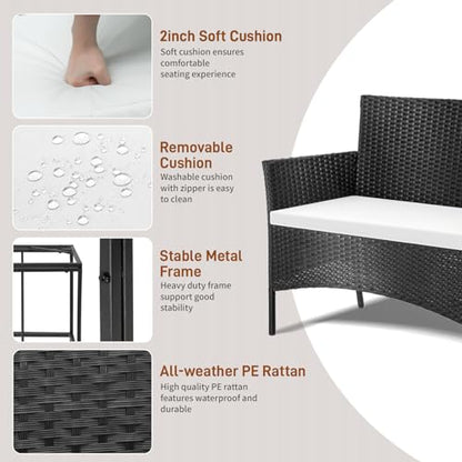 4 Pieces Patio Furniture Set, Rattan Conversation Sets, Black | Loveseat with Soft Cushion, Glass Table for Garden Backyard Balcony Porch Poolside