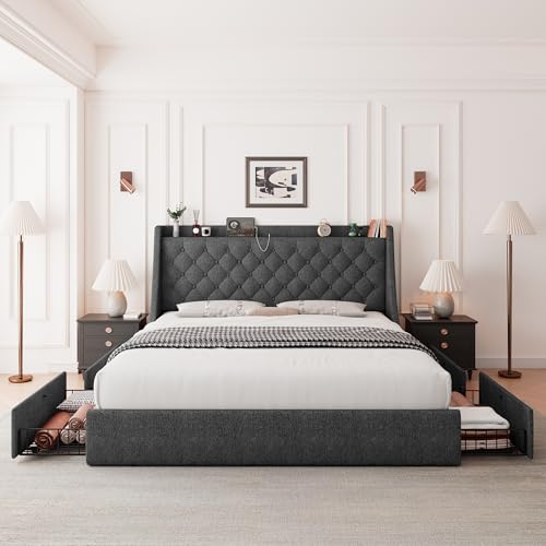 King Size Bed Frame with 4 Storage Drawers, view 4