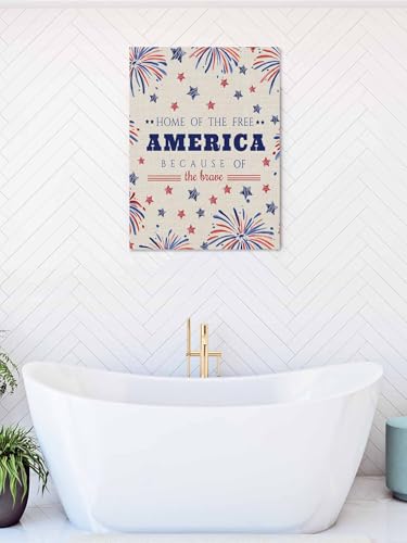 NuYeBiofx Independence Day Red Blue Stars Canvas Wall Art Prints,48"x32" Framed Picture Artwork Festivals Fireworks Printed Canvas Oil Painting for Living Room Bedroom Office,Ready to Hang