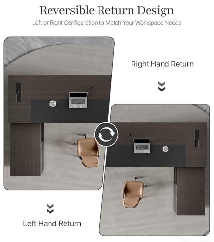 87" Reversible L-Shaped Executive Desk with Drawers, Modern Large Office Desk with Open Shelves, Ventilated CPU Compartment, Built-in Outlet & USB Ports – Home Office Desk (87"L x 69"W x 30"H)