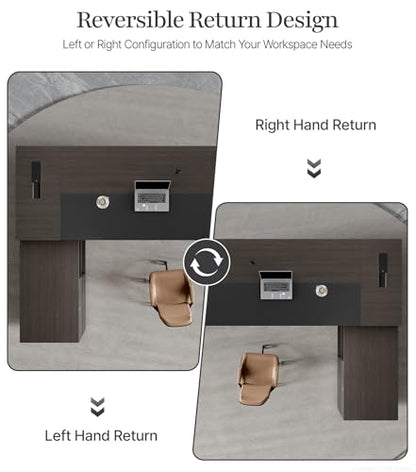 87" Reversible L-Shaped Executive Desk with Drawers, Modern Large Office Desk with Open Shelves, Ventilated CPU Compartment, Built-in Outlet & USB Ports – Home Office Desk (87"L x 69"W x 30"H)