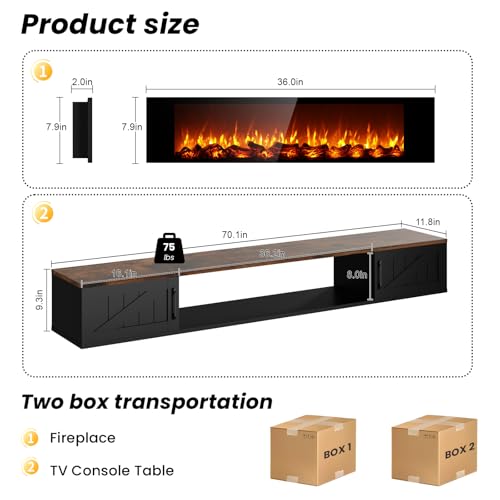 70" Floating TV Stand with 36" Electric Fireplace, view 3