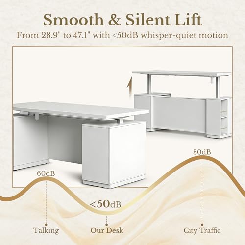 70 Inch Executive Standing Desk with File Cabinet, L Shaped Electric Height Adjustable Desk with AC/USB and Privacy Panel, Computer Corner Table for Home Office, White
