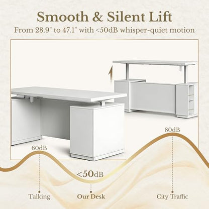 70 Inch Executive Standing Desk with File Cabinet, L Shaped Electric Height Adjustable Desk with AC/USB and Privacy Panel, Computer Corner Table for Home Office, White