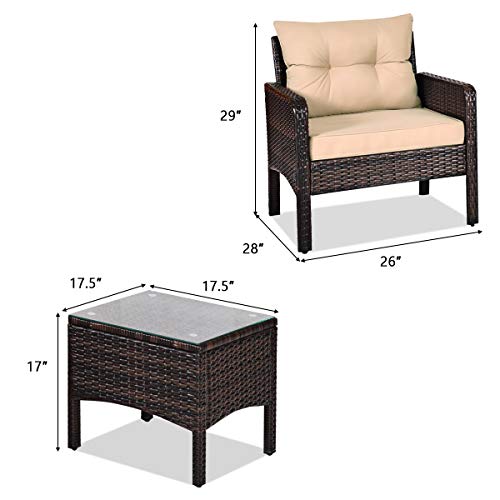 3 Pieces Patio Furniture Set, Outdoor Rattan Wicker Conversation Set with Coffee Table & Cushions, Patio Sofa Set for Garden Balcony Backyard Poolside