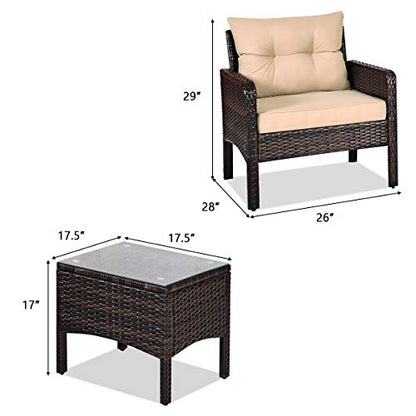 3 Pieces Patio Furniture Set, Outdoor Rattan Wicker Conversation Set with Coffee Table & Cushions, Patio Sofa Set for Garden Balcony Backyard Poolside