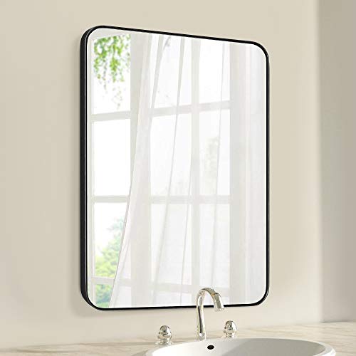 22 x 30-Inch Large Rectangular Wall Silver Mirror with Glass Panel and Black Metal Framed Rounded Corner Flat Set Design for Bathroom Living Room or Entryway Decorative