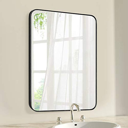 22 x 30-Inch Large Rectangular Wall Silver Mirror with Glass Panel and Black Metal Framed Rounded Corner Flat Set Design for Bathroom Living Room or Entryway Decorative