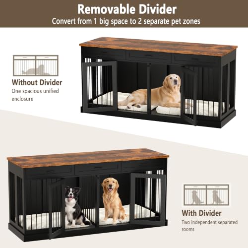 71" Double Dog Crate Furniture TV Stand with Removable Divider & 3 Drawers, view 6