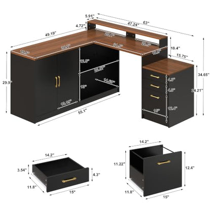 L Shaped Executive Desk with Storage Cabinet and Power Outlet, Office Desk, view 3