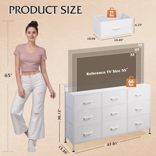 White Dresser TV Stand 9 Drawers, Fabric Chest of Drawers LED Lights, view 4