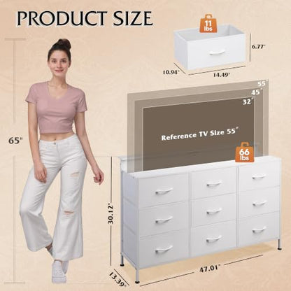 White Dresser TV Stand 9 Drawers, Fabric Chest of Drawers LED Lights, view 4