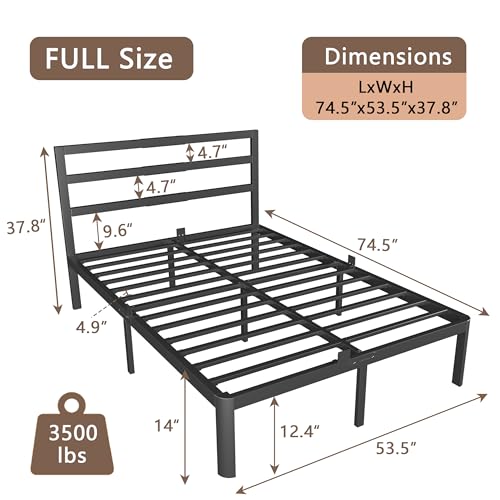 14 Inch Full Bed Frame with Headboard, Black Metal Double Bed Base, view 3