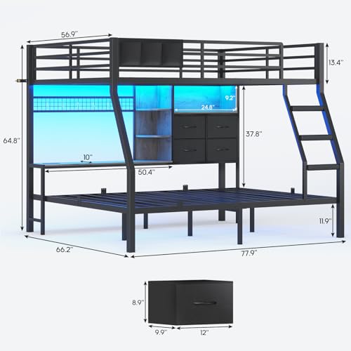 Full Over Full Bunk Beds with 4 Storage Drawers & Shelves & Bedside Caddy, Bunk Bed with Charging Station & LED Lights, Full Size Bunk Bed with Safety Guardrail & Angled Ladder, Black & Grey