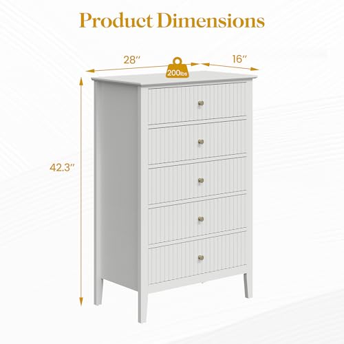 White Fluted 5 Drawer Dresser for Bedroom, Tall Chest of Drawers, view 3
