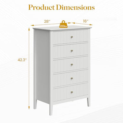 White Fluted 5 Drawer Dresser for Bedroom, Tall Chest of Drawers, view 3