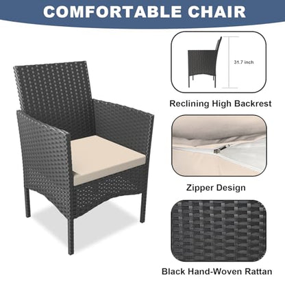 Outdoor Patio Furniture Set, 4 Pieces Patio Conversation Set Wicker Chairs with Glass Table and Soft Cushion for Porch,Backyard, Poolside (Sand)