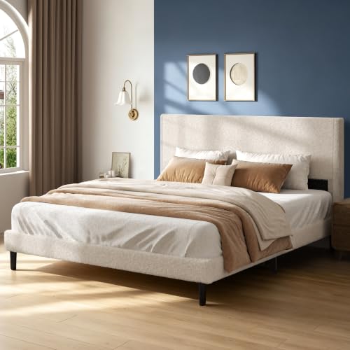 Queen Bed Frame, Upholstered Bed with Teddy Velvet Headboard, Beige, view 4