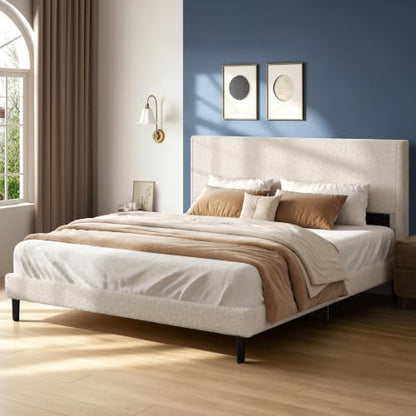 Queen Bed Frame, Upholstered Bed with Teddy Velvet Headboard, Beige, view 4