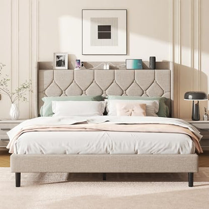 King Size Bed Frame with Diamond Tufted Linen Headboard & Storage Shelf, view 2