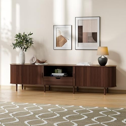 86.6" Fluted TV Stand with Power Outlet for TVs up to 90", TV Console with Adjustable Shelves and Sliding Door,Mid Century Modern Entertainment Center for Living Room,Bedroom (Walnut)