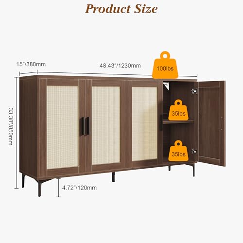 48" Rattan Buffet Cabinet with Storage, Walnut Coffee Bar Cabinet, view 4