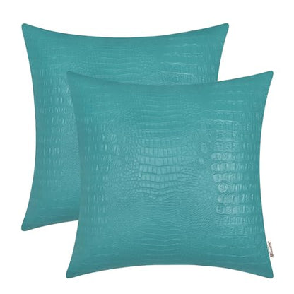 Faux Leather Pillow Covers 18 X 18 Inches, Teal Leather Pillow Covers Pack of 2, Crocodile Leather Decorative Throw Pillows for Living Room Couch Bed Sofa Home