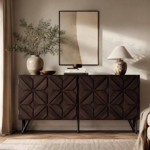 63" Solid Wood Buffet Cabinet with Geometric Doors, Dark Walnut, view 2