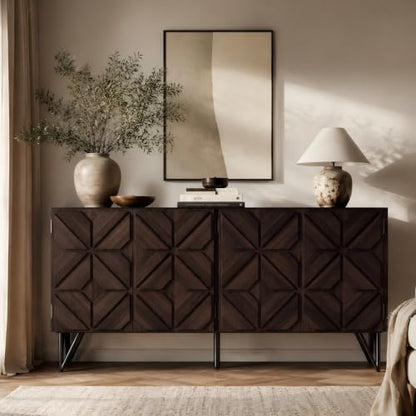 63" Solid Wood Buffet Cabinet with Geometric Doors, Dark Walnut, view 2