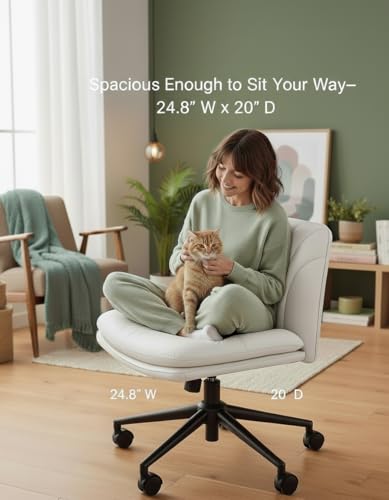 Armless-Office Desk Chair with Wheels: PU Leather Cross Legged Wide Chair, view 3