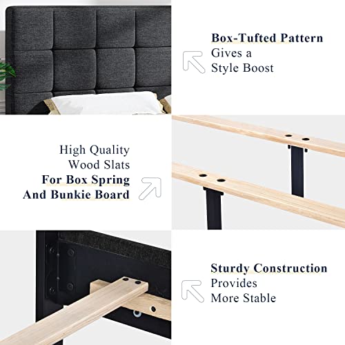 Queen Size Panel Bed Frame Box Spring Needed Dark Grey, view 5